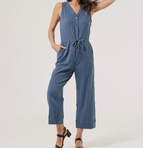 PACT Button-front Crush Jumpsuit in Slate Blue. XL
